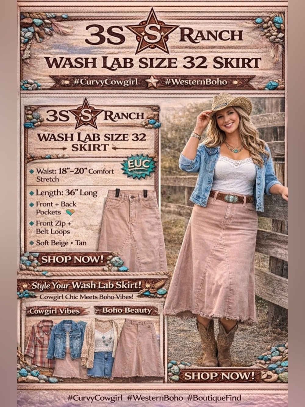 🤎 Wash Lab Pink/Tan Denim Skirt | Size 32 | EUC | Western Boho